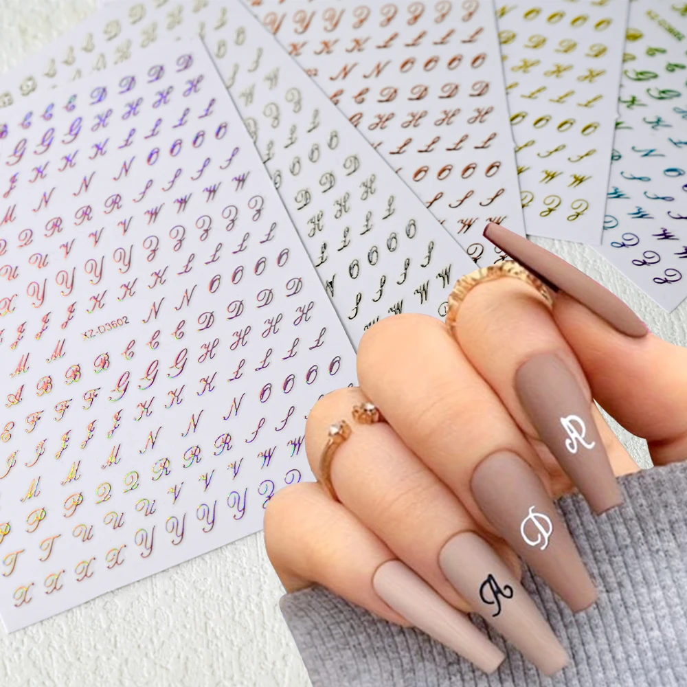 1Pc 3D Roman Letter Nail Stickers Gold/Silver/Black/Laser Alphabet Self Adhesive Decal Y2K English Words/Number Manicure Sliders - Image 2