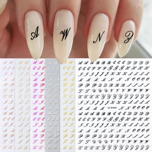 1Pc 3D Roman Letter Nail Stickers Gold/Silver/Black/Laser Alphabet Self Adhesive Decal Y2K English Words/Number Manicure Sliders