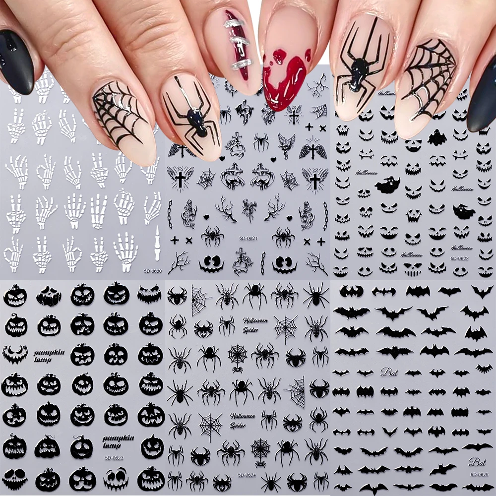 1Pcs 5D Black Halloween Spider Nail Stickers Multi-designs Bat/Ghost Face/Pumpkin/Skull Self-adhesive Sliders DIY Nail Supplies - Image 3