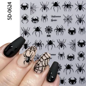 1Pcs 5D Black Halloween Spider Nail Stickers Multi-designs Bat/Ghost Face/Pumpkin/Skull Self-adhesive Sliders DIY Nail Supplies
