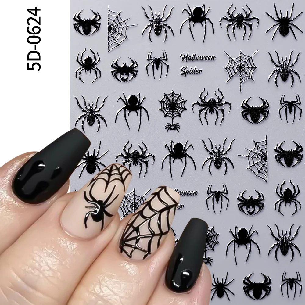 1Pcs 5D Black Halloween Spider Nail Stickers Multi-designs Bat/Ghost Face/Pumpkin/Skull Self-adhesive Sliders DIY Nail Supplies