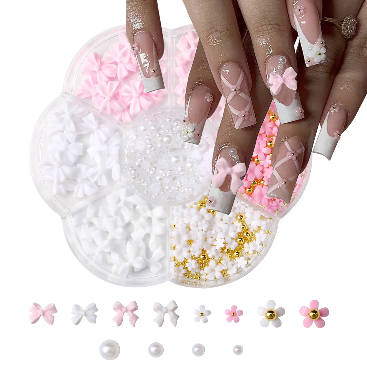 1box 3D Flower Bow Nail Art Decorations Kit Pink/White Acrylic Floral/Peal Beads Nail Charm with Wax Pen/Tweezer 4/6mm Nail Part - Image 2