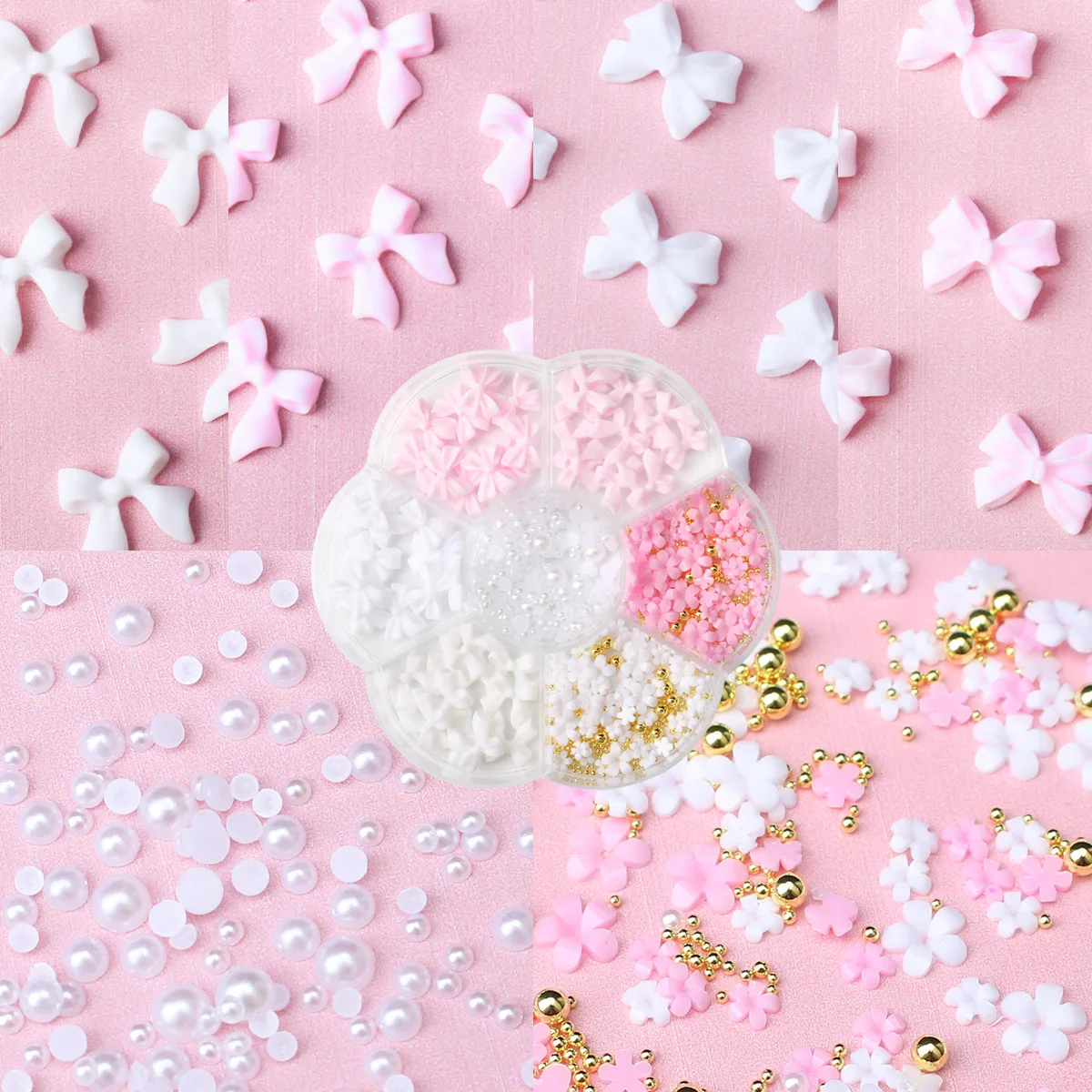 1box 3D Flower Bow Nail Art Decorations Kit Pink/White Acrylic Floral/Peal Beads Nail Charm with Wax Pen/Tweezer 4/6mm Nail Part - Image 4