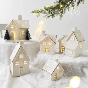 1pc Ceramic Light Up Snow House Christmas Ornament LED Cottage Xmas Tree Table Centerpiece Holiday Party Scene Decor Gift