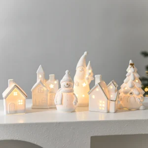 1pc Christmas Ceramic Glowing House Snowman Christmas Tree Decorative Ornaments Christmas Indoor Home Scene Decoration Layout