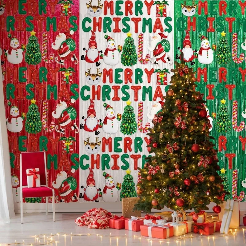 1pc Merry Christmas Foil Fringe Curtain Backdrop Santa Snowman Tinsel Curtain for Xmas Door Wall party Photobooth Props Decor - Image 2