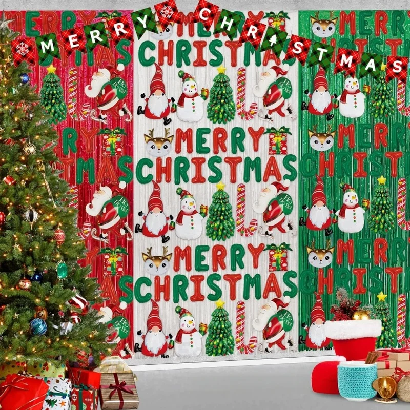 1pc Merry Christmas Foil Fringe Curtain Backdrop Santa Snowman Tinsel Curtain for Xmas Door Wall party Photobooth Props Decor - Image 4
