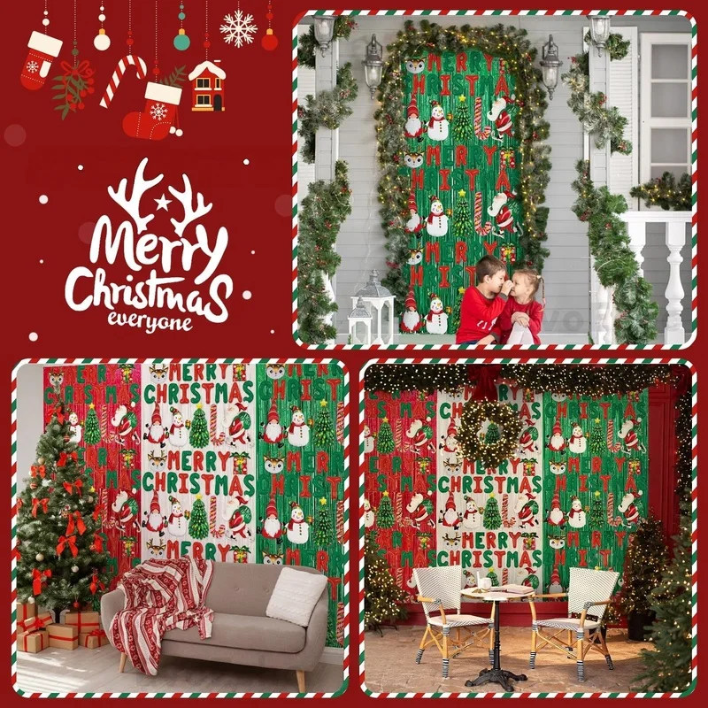 1pc Merry Christmas Foil Fringe Curtain Backdrop Santa Snowman Tinsel Curtain for Xmas Door Wall party Photobooth Props Decor - Image 3