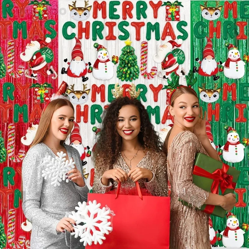 1pc Merry Christmas Foil Fringe Curtain Backdrop Santa Snowman Tinsel Curtain for Xmas Door Wall party Photobooth Props Decor
