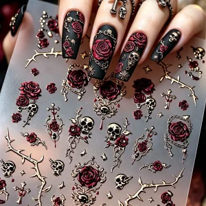 1pcs 5D Bronzing Gold Skull & Blood Rose Nail Stickers 3D Metal Gold Cross Key Floral Nail Decals Self-adhesive Halloween Nails