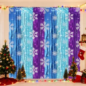 1x2M Snowflake Foil Fringe Curtain, Blue Purple Tinsel Backdrop for Winter Frozen Theme Christmas Birthday Party Wall Hanging De