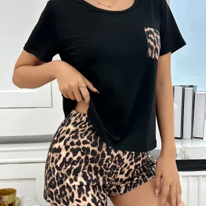 2-Pack Women's Summer Pajamas for Women Simple Casual Leopard Print Women's Short-Sleeved Shorts Pajamas Set for Women