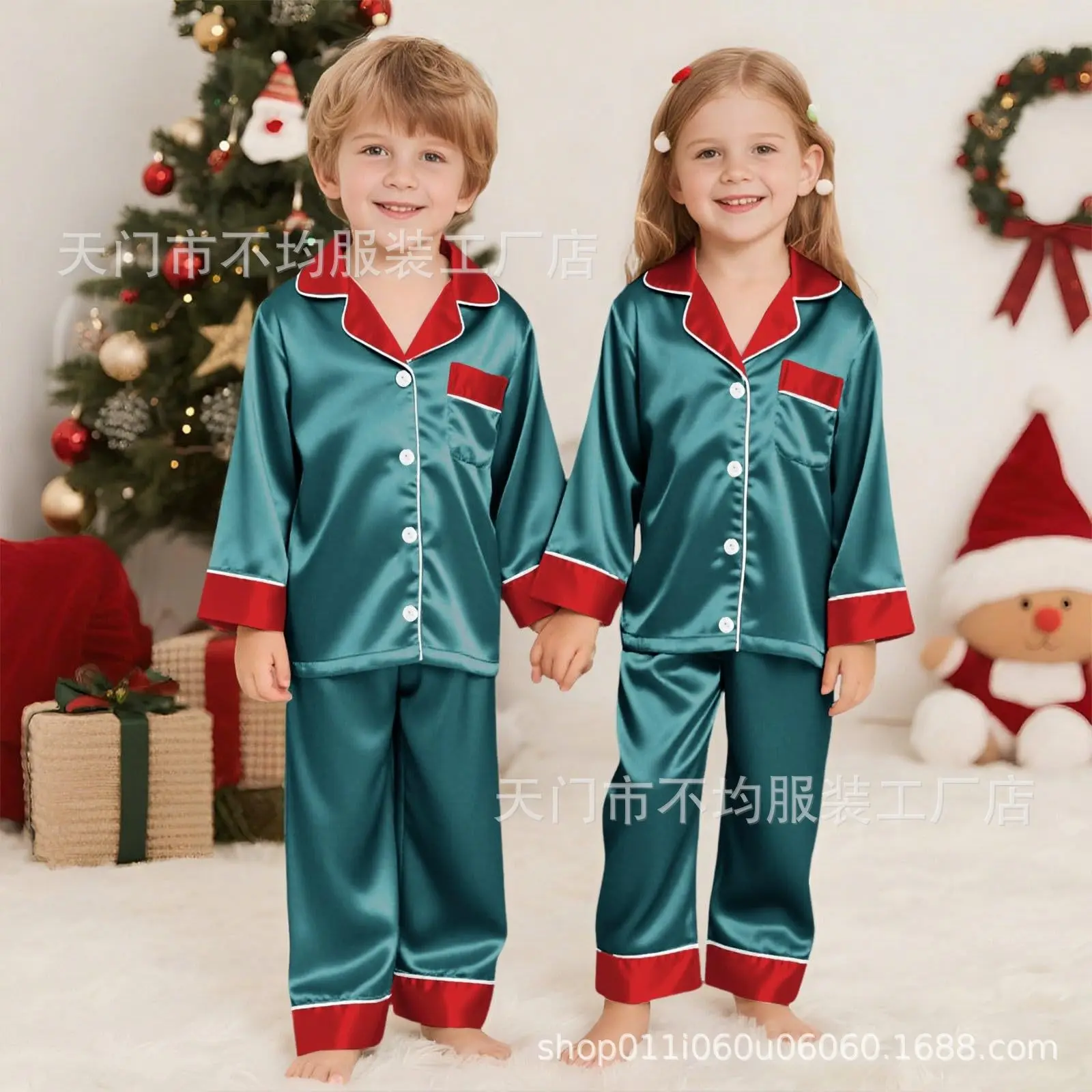 2 Pcs Christmas Pajamas Family Adults Kids Family Matching Outfits Look Solid Color Imitation Satin Silk Tops Pants Sleepwear - Image 4