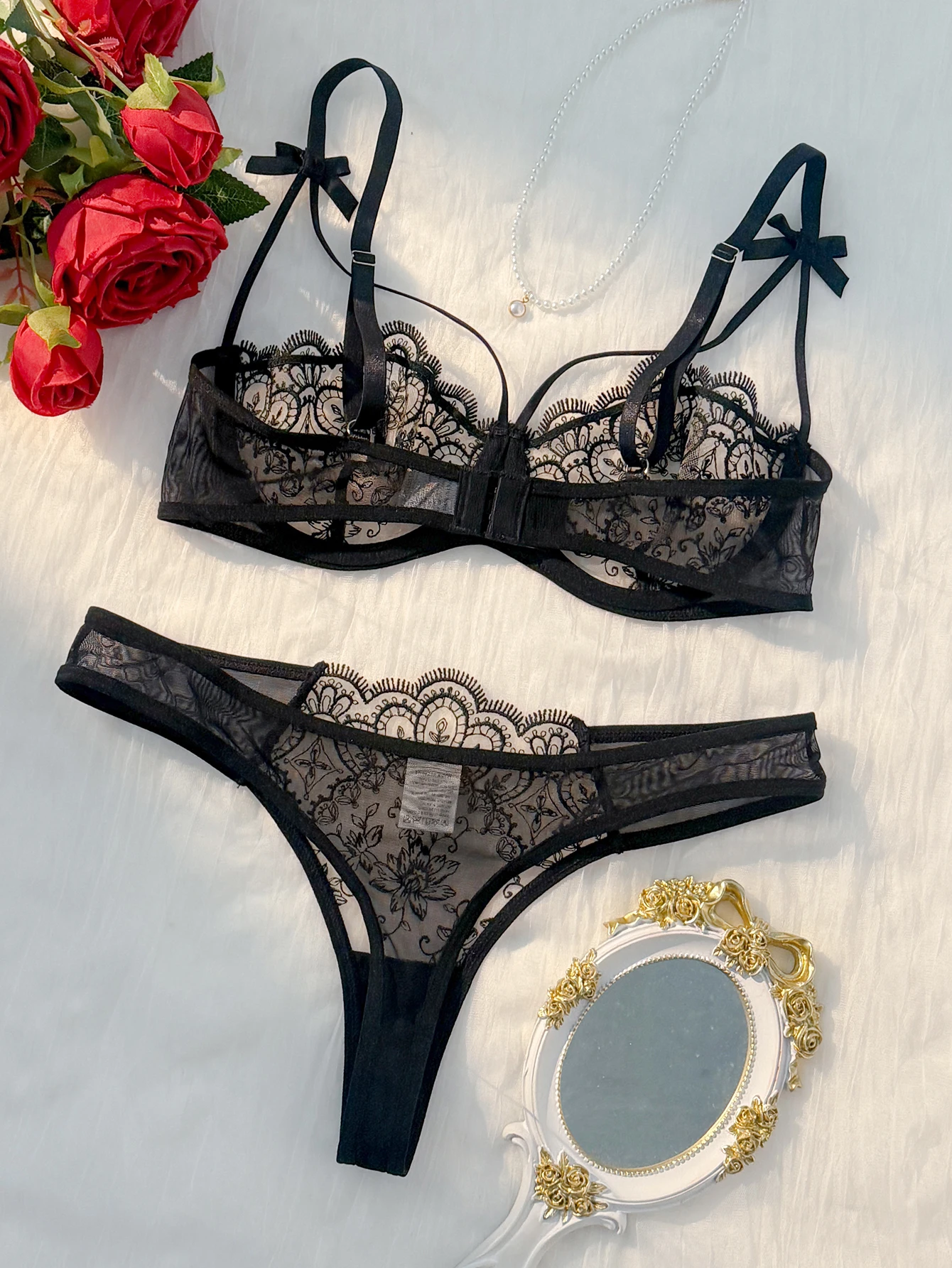 2-Piece Women's Black Comfortable Lightweight Bow Semi Transparent Lingerie Set ZA824057 - Image 3