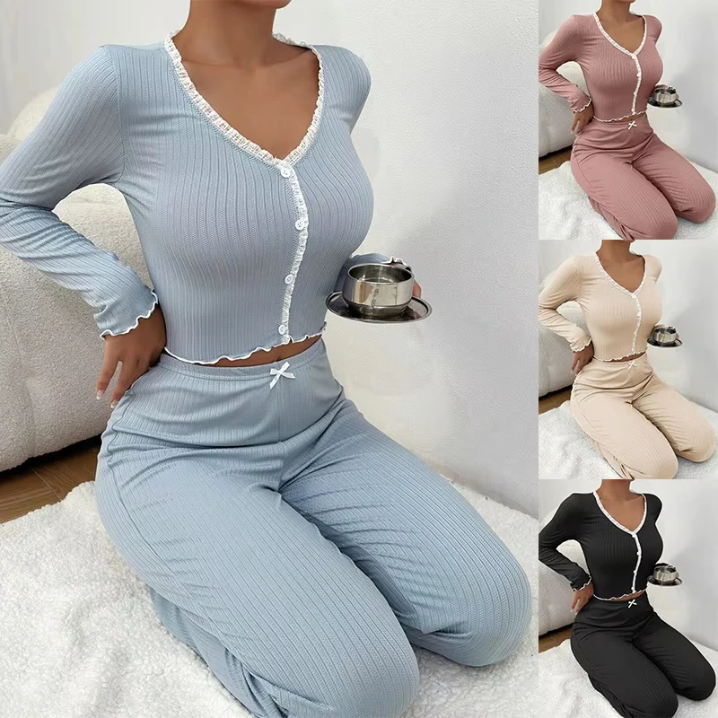 2025 Autumn Winter Homewear Pajamas Set for Women Long Sleeves Shirt Trousers 2 Pieces Sexy Lace Pijamas Sleepwear Loungewear