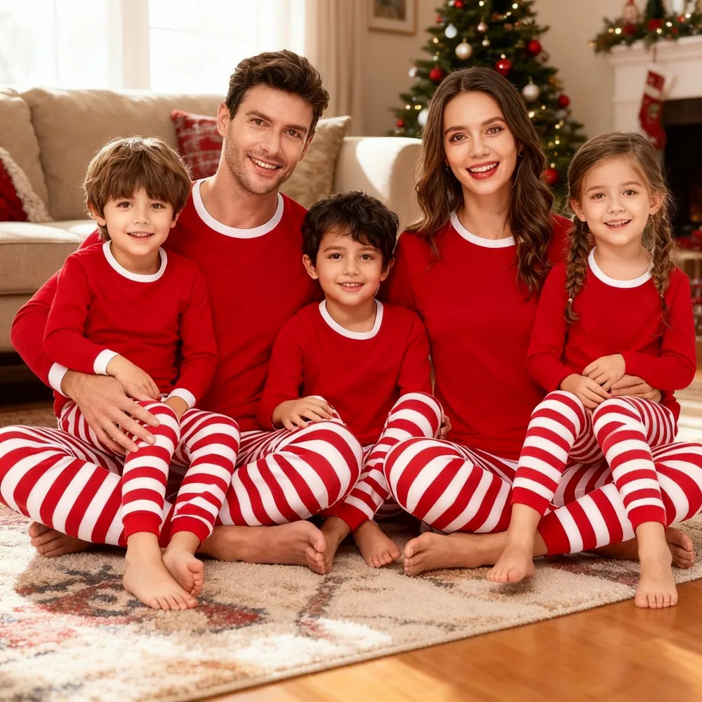 2025 New Striped Print Matching Christmas Outfit Mom Dad Kids Family Set Soft Loose Pajamas Baby Romper Thin Sleepwear Xmas Look - Image 2