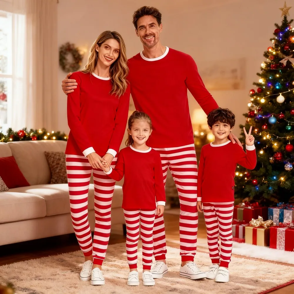 2025 New Striped Print Matching Christmas Outfit Mom Dad Kids Family Set Soft Loose Pajamas Baby Romper Thin Sleepwear Xmas Look - Image 3