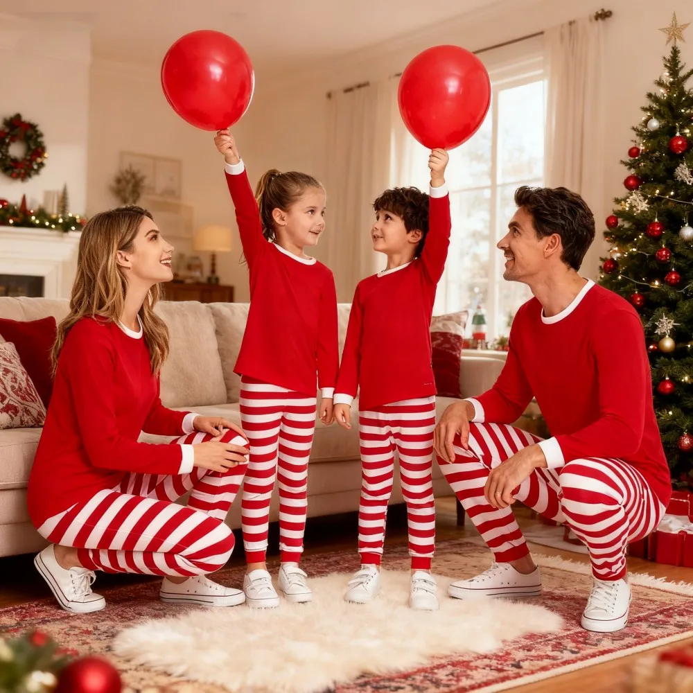 2025 New Striped Print Matching Christmas Outfit Mom Dad Kids Family Set Soft Loose Pajamas Baby Romper Thin Sleepwear Xmas Look - Image 4