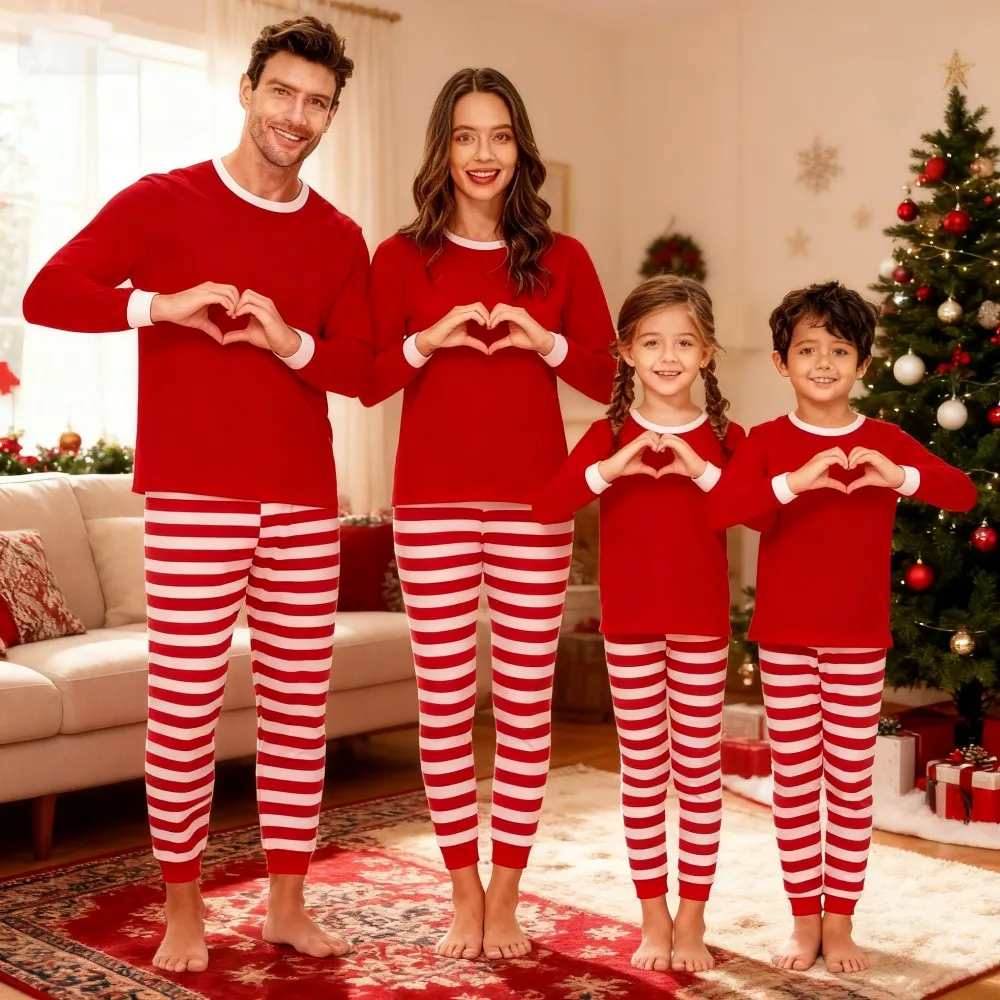 2025 New Striped Print Matching Christmas Outfit Mom Dad Kids Family Set Soft Loose Pajamas Baby Romper Thin Sleepwear Xmas Look