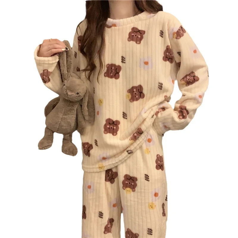 2025 New Women's Pajamas Set Warm Two-Piece Homewear Set Peach Bear Coral Velvet Suit Cute Sweet Thickened Warm Homewear - Image 6