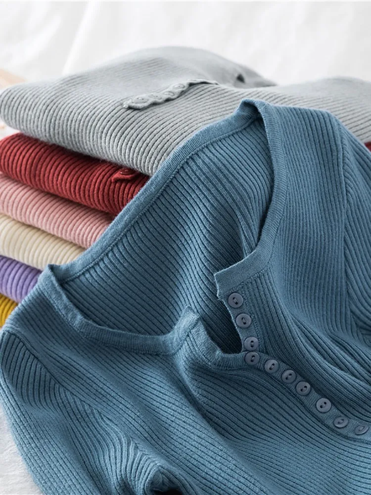 2026 Autumn Winter Button V Neck Sweater Women Basic Slim Pullover Women Sweaters And Pullovers Knit Jumper Soft Warm Tops - Image 2