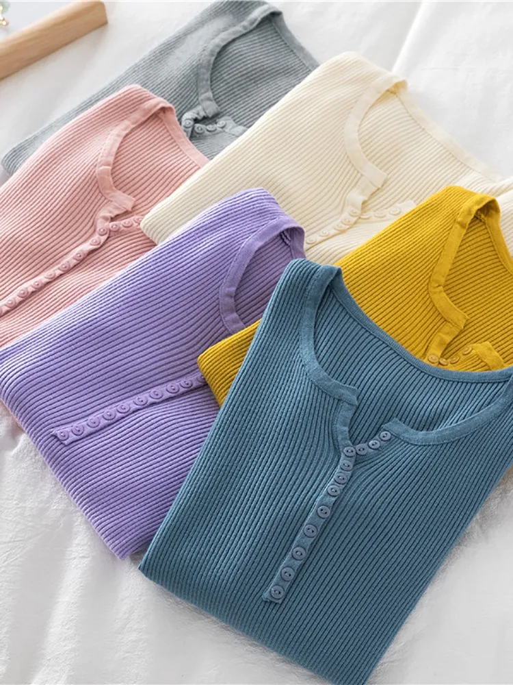 2026 Autumn Winter Button V Neck Sweater Women Basic Slim Pullover Women Sweaters And Pullovers Knit Jumper Soft Warm Tops - Image 3