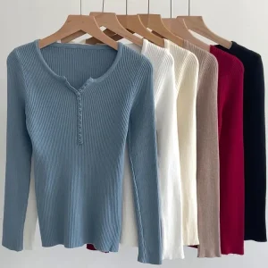 2026 Autumn Winter Button V Neck Sweater Women Basic Slim Pullover Women Sweaters And Pullovers Knit Jumper Soft Warm Tops