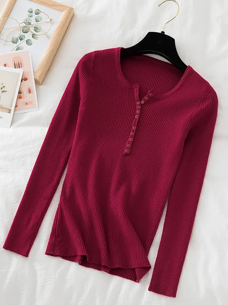 2026 Autumn Winter Button V Neck Sweater Women Basic Slim Pullover Women Sweaters And Pullovers Knit Jumper Soft Warm Tops - Image 5
