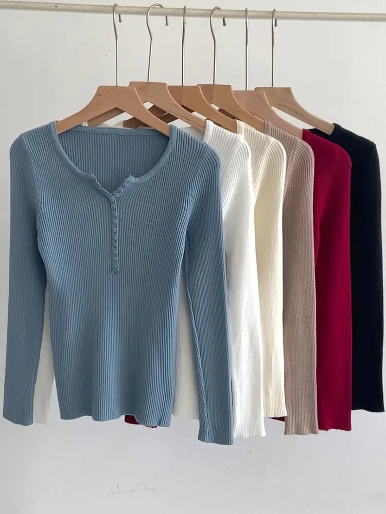2026 Autumn Winter Button V Neck Sweater Women Basic Slim Pullover Women Sweaters And Pullovers Knit Jumper Soft Warm Tops