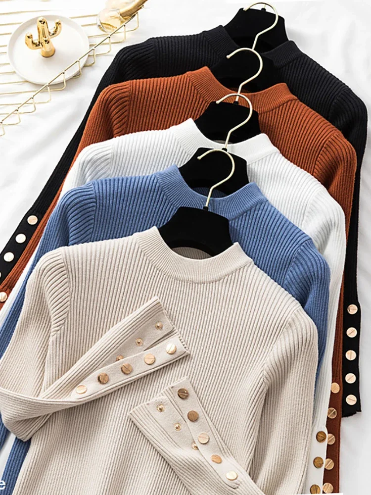 2026 Autumn Winter Casual Women Sweater Pullovers Button Long Sleeve O-neck Chic Sweater Female Slim Knitted Soft Jumper Tops - Image 2