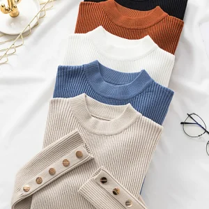 2026 Autumn Winter Casual Women Sweater Pullovers Button Long Sleeve O-neck Chic Sweater Female Slim Knitted Soft Jumper Tops
