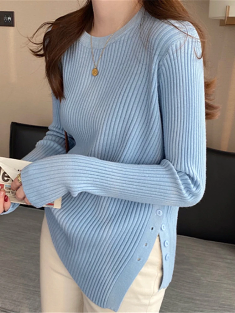 2026 Autumn Winter Slim‑Fit Structured Shoulder Gold Button Decor Sweater French Style O-Neck Women Pullover Side‑Slit Knit Top - Image 2