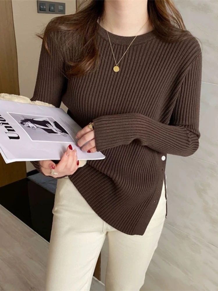2026 Autumn Winter Slim‑Fit Structured Shoulder Gold Button Decor Sweater French Style O-Neck Women Pullover Side‑Slit Knit Top - Image 5