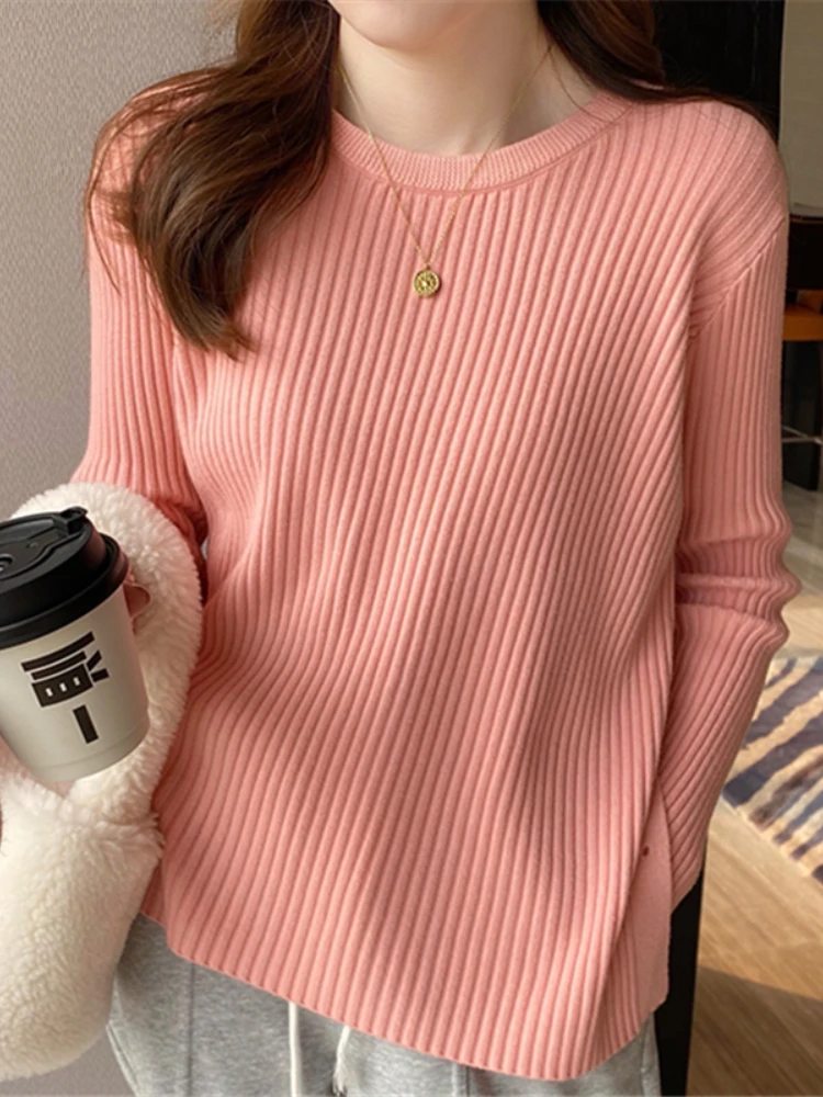 2026 Autumn Winter Slim‑Fit Structured Shoulder Gold Button Decor Sweater French Style O-Neck Women Pullover Side‑Slit Knit Top - Image 3