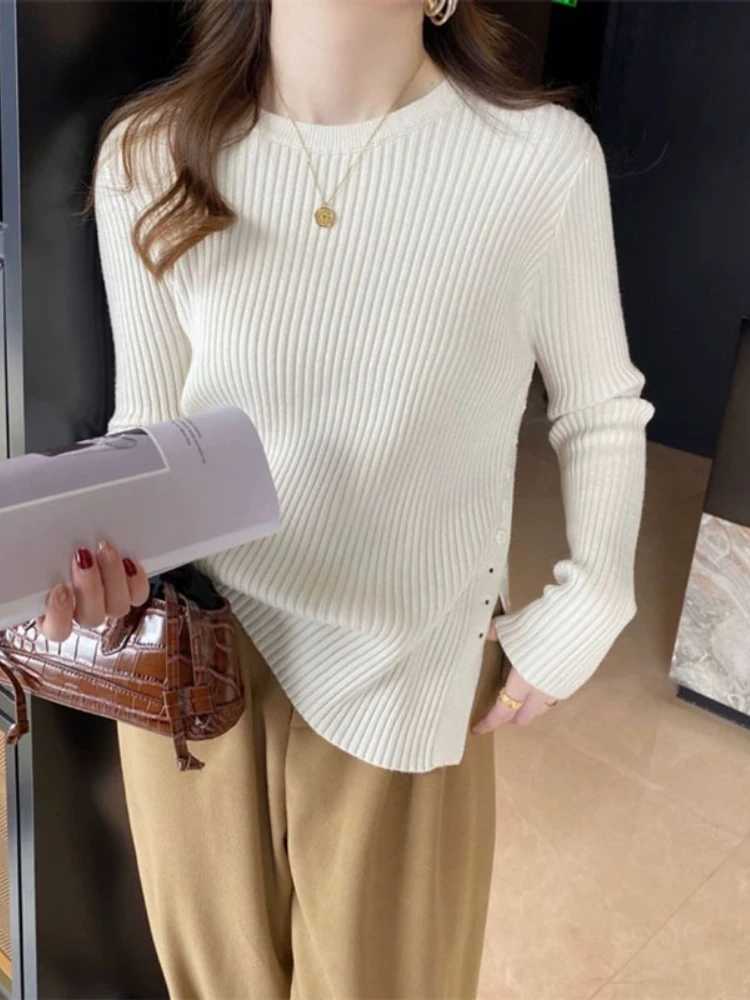 2026 Autumn Winter Slim‑Fit Structured Shoulder Gold Button Decor Sweater French Style O-Neck Women Pullover Side‑Slit Knit Top - Image 4