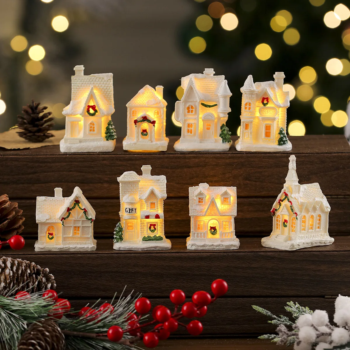 2026 Christmas Resin Ornament LED Lighted Xmas Village Set White Houses Tabletop Fairy Garden Indoor Winter Holiday Decor Gift - Image 2