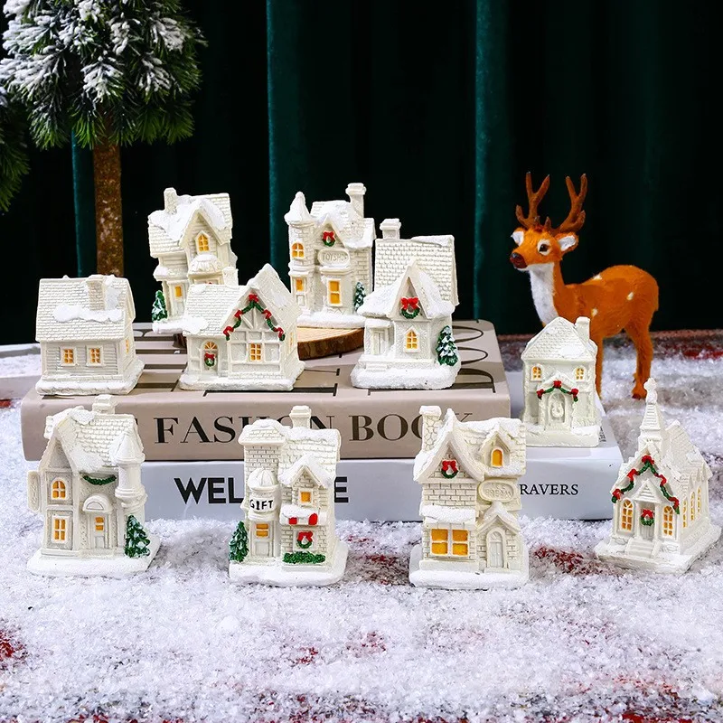 2026 Christmas Resin Ornament LED Lighted Xmas Village Set White Houses Tabletop Fairy Garden Indoor Winter Holiday Decor Gift - Image 4