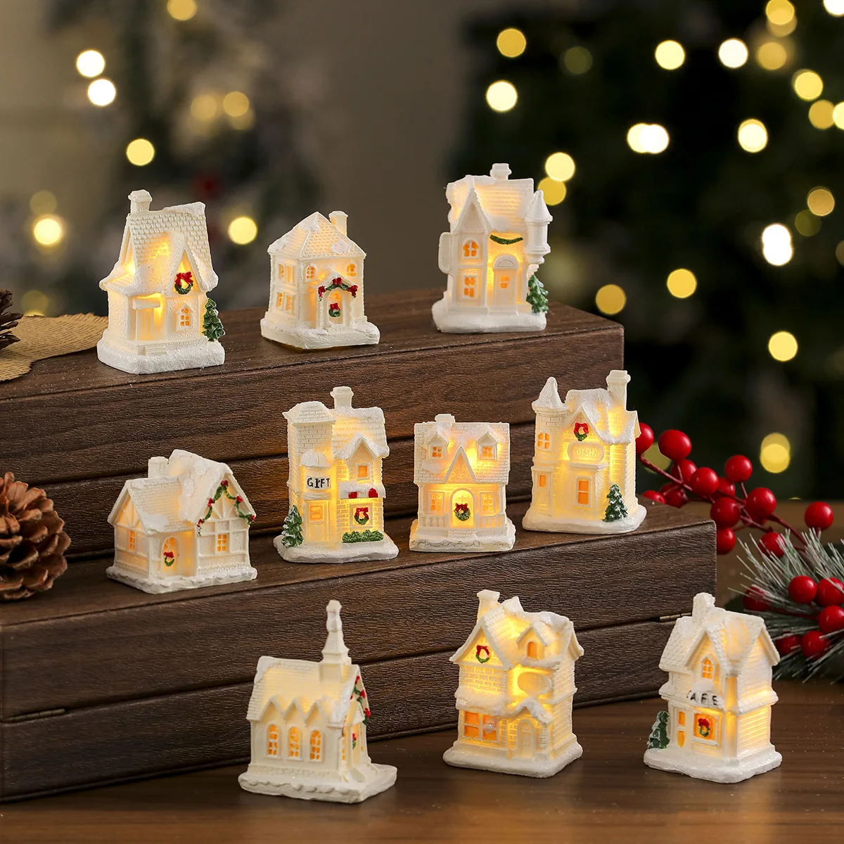 2026 Christmas Resin Ornament LED Lighted Xmas Village Set White Houses Tabletop Fairy Garden Indoor Winter Holiday Decor Gift - Image 3