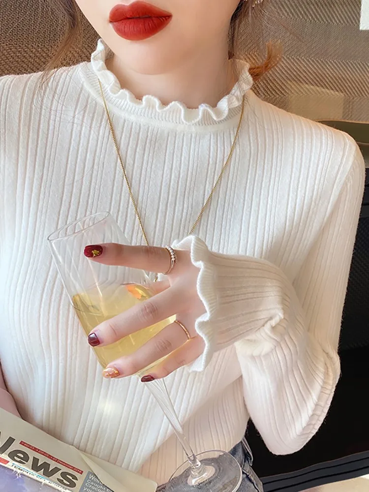 2026 Elegant Solid Basic Knitted Tops Women Turtlneck Sweater Casual Slim Pullover Korean Fashion Simple Chic Ruched Clothes - Image 2