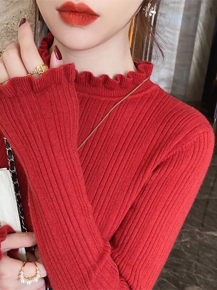 2026 Elegant Solid Basic Knitted Tops Women Turtlneck Sweater Casual Slim Pullover Korean Fashion Simple Chic Ruched Clothes - Image 4