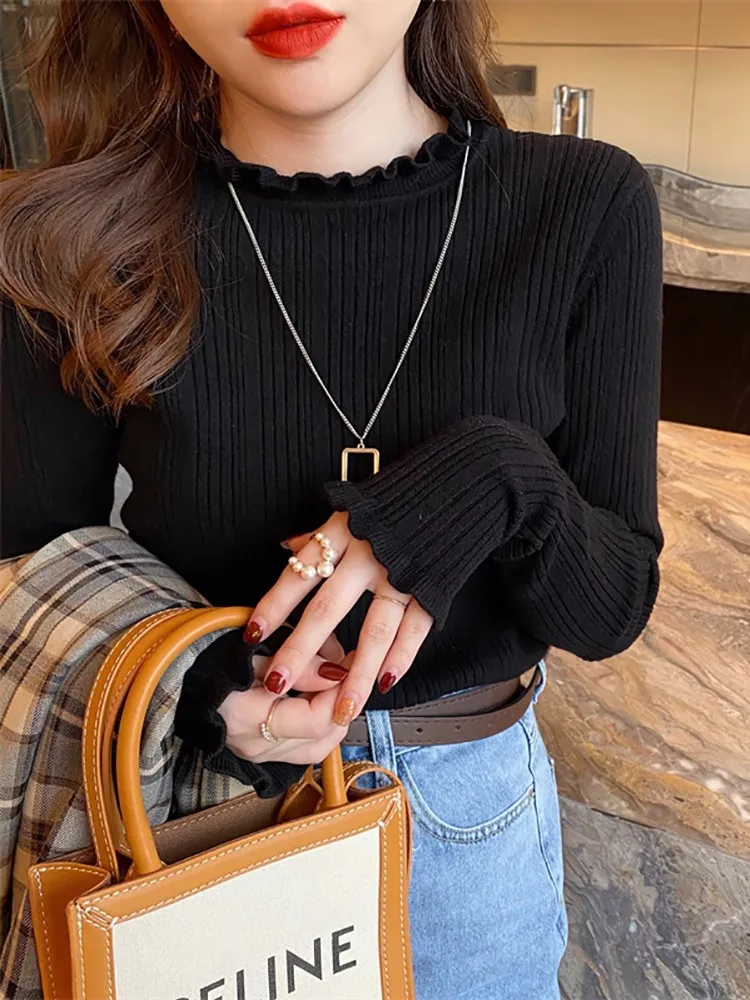 2026 Elegant Solid Basic Knitted Tops Women Turtlneck Sweater Casual Slim Pullover Korean Fashion Simple Chic Ruched Clothes - Image 3