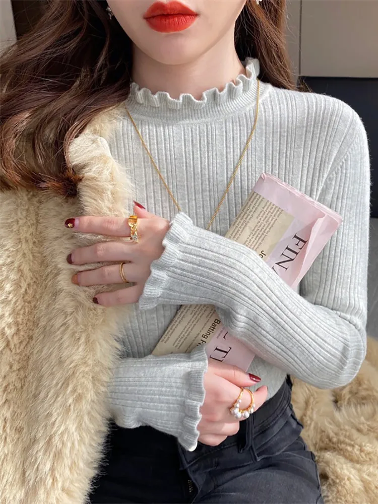 2026 Elegant Solid Basic Knitted Tops Women Turtlneck Sweater Casual Slim Pullover Korean Fashion Simple Chic Ruched Clothes