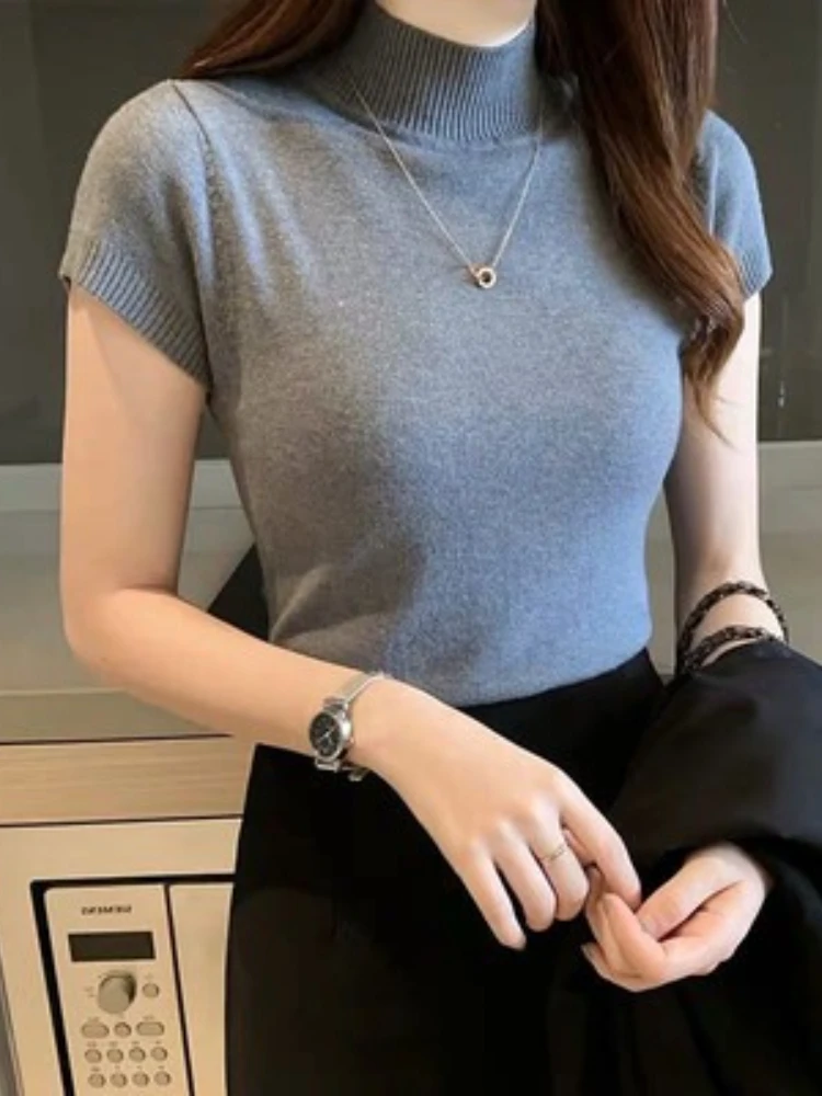 2026 Fashion Woman Pullovers Short Sleeve Autumn Tops Women Turtleneck Knitted Sweater Korean Style Elegant Solid Slim Tops - Image 3