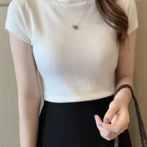 2026 Fashion Woman Pullovers Short Sleeve Autumn Tops Women Turtleneck Knitted Sweater Korean Style Elegant Solid Slim Tops