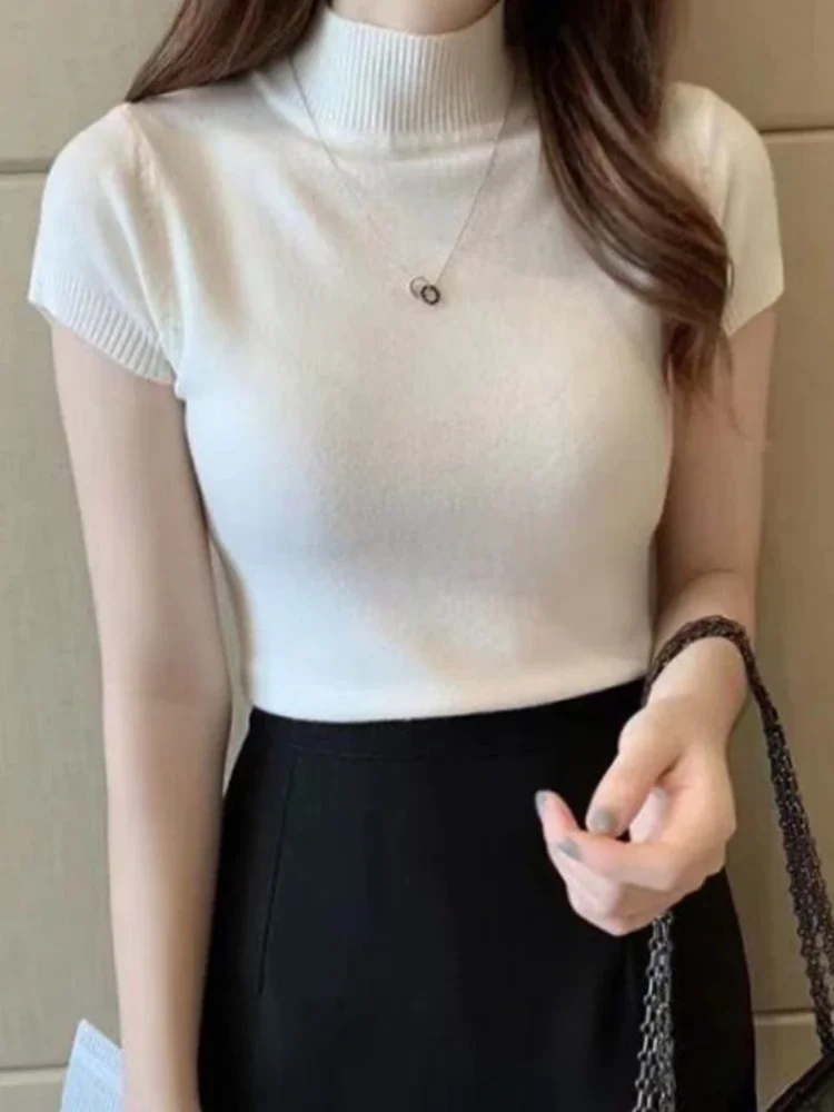 2026 Fashion Woman Pullovers Short Sleeve Autumn Tops Women Turtleneck Knitted Sweater Korean Style Elegant Solid Slim Tops