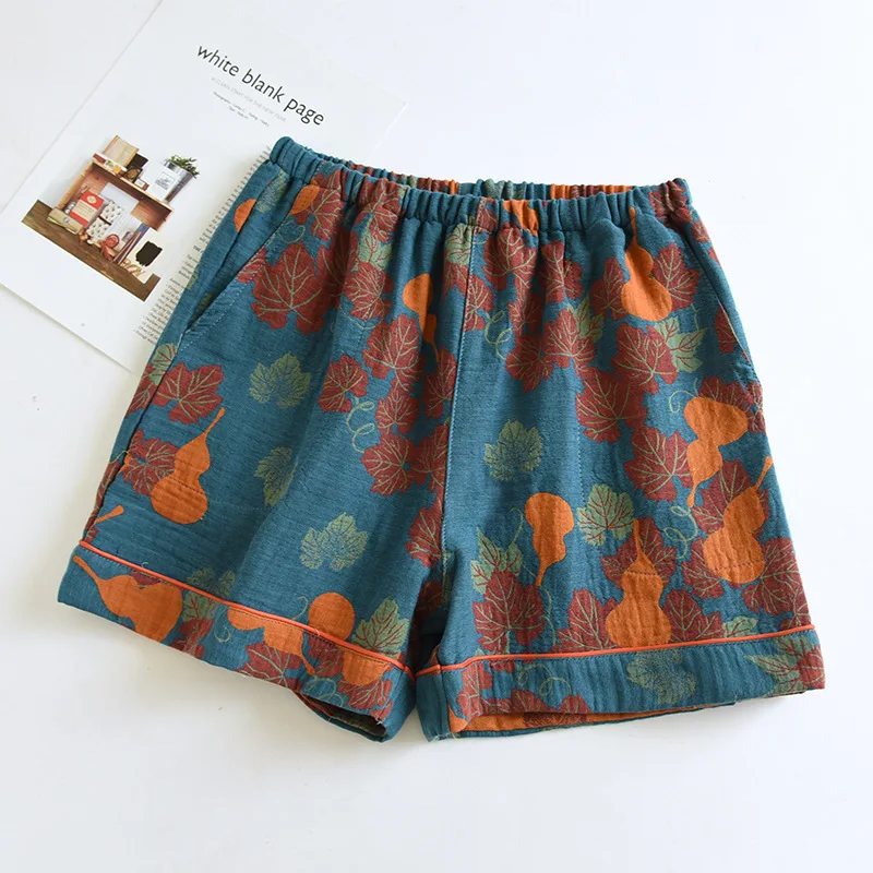 2026 Japanese Summer New Women's Shorts 100% Cotton Vintage Yarn Weaving Printed Sleepwear Thin Loose Pocket Shorts Home Pants - Image 2