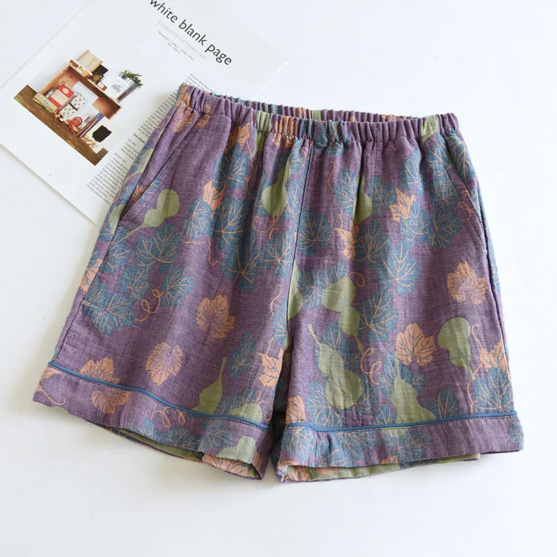 2026 Japanese Summer New Women's Shorts 100% Cotton Vintage Yarn Weaving Printed Sleepwear Thin Loose Pocket Shorts Home Pants - Image 3