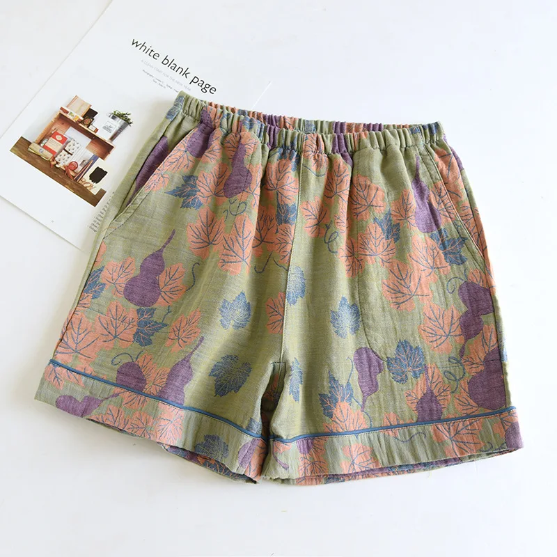 2026 Japanese Summer New Women's Shorts 100% Cotton Vintage Yarn Weaving Printed Sleepwear Thin Loose Pocket Shorts Home Pants - Image 4