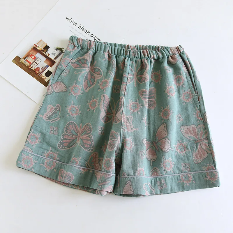 2026 Japanese Summer New Women's Shorts 100% Cotton Vintage Yarn Weaving Printed Sleepwear Thin Loose Pocket Shorts Home Pants - Image 5