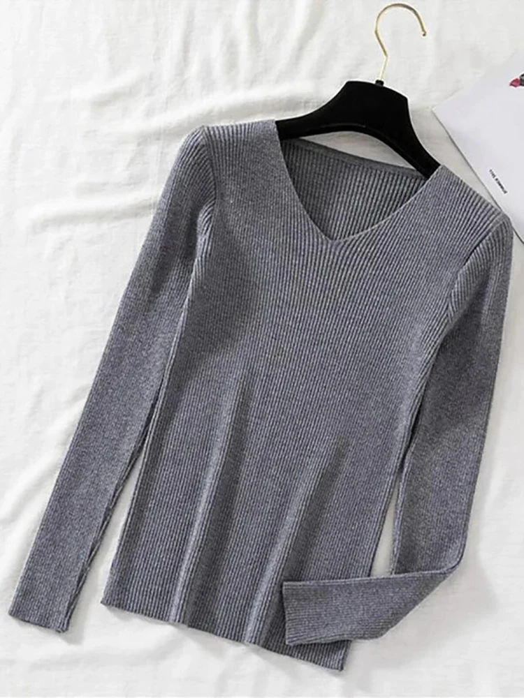 2026 New Women Sweater Autumn Winter Long Sleeve Pullover Basic Top Fashion V-neck Elastic Female Winter Solid Knitted Jumper - Image 2